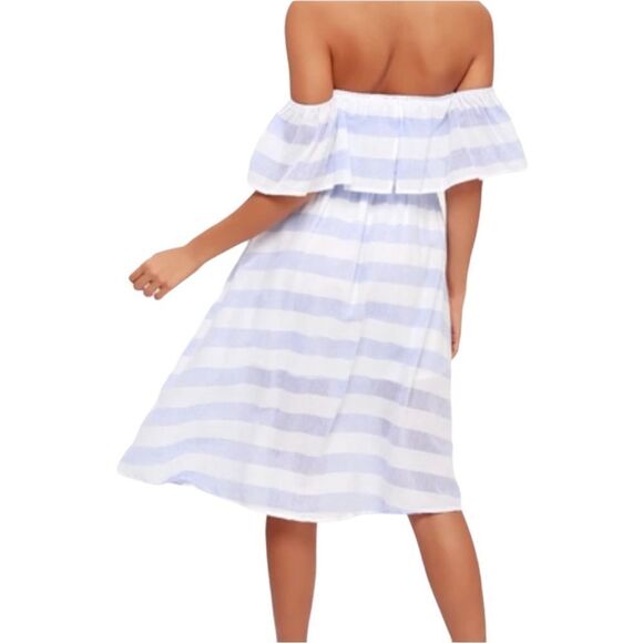 Lulu’s Blue Ivory “Transatlantic Voyage” Off The Shoulder Striped Mini Dress - Picture 4 of 15